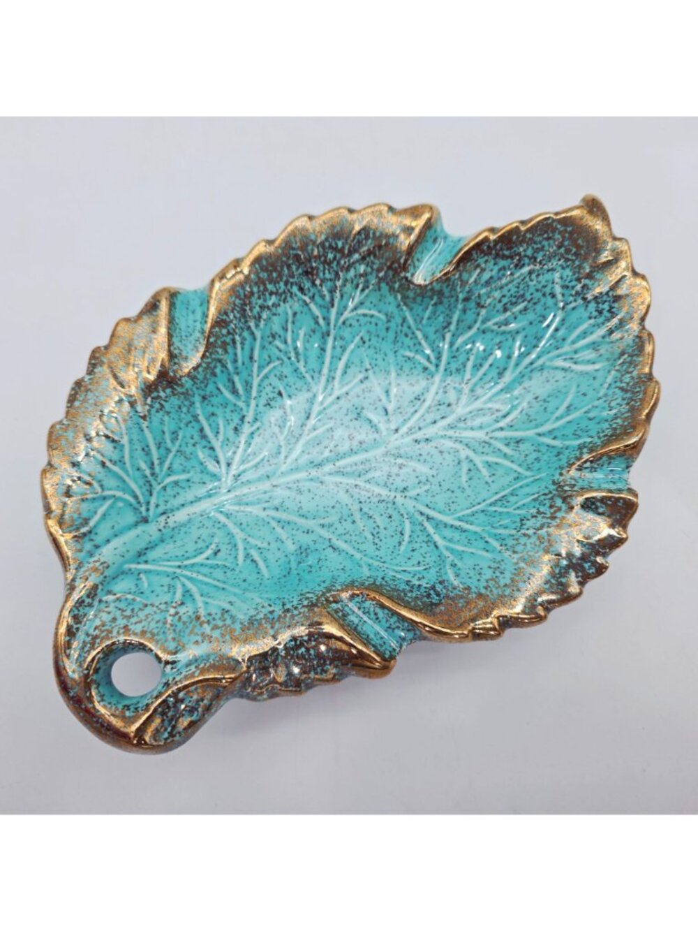 Leaf-Shaped Ceramic Ashtray Turquoise Gold Accents California Pottery 8x6 - Picture 2 of 8